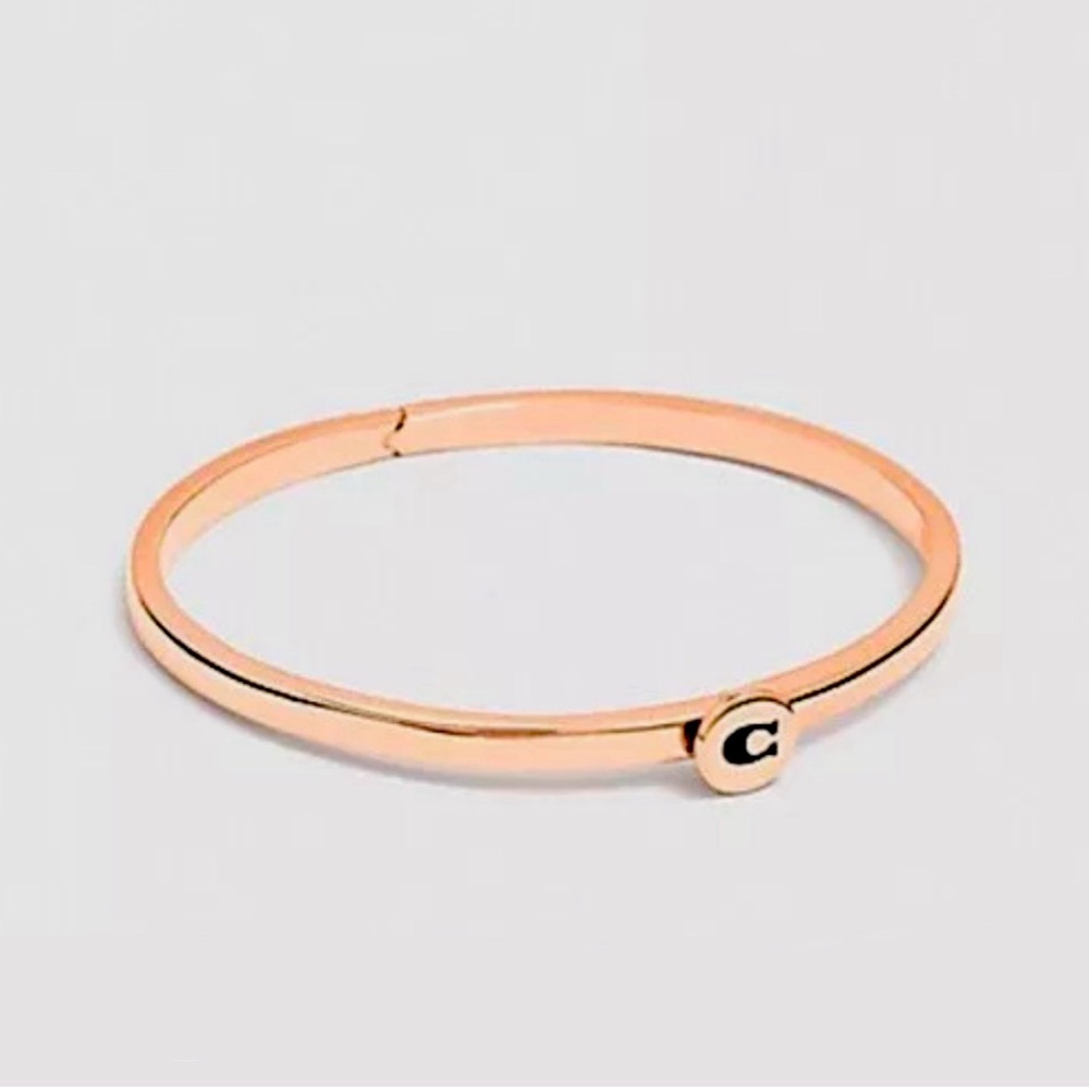 Coach Women’s Rose Gold Stainless Steel Bangle Bracelet with C Logo Plaque